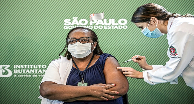 Health workers receive China's Sinovac coronavirus disease (COVID-19) vaccine, in Sao Paulo
