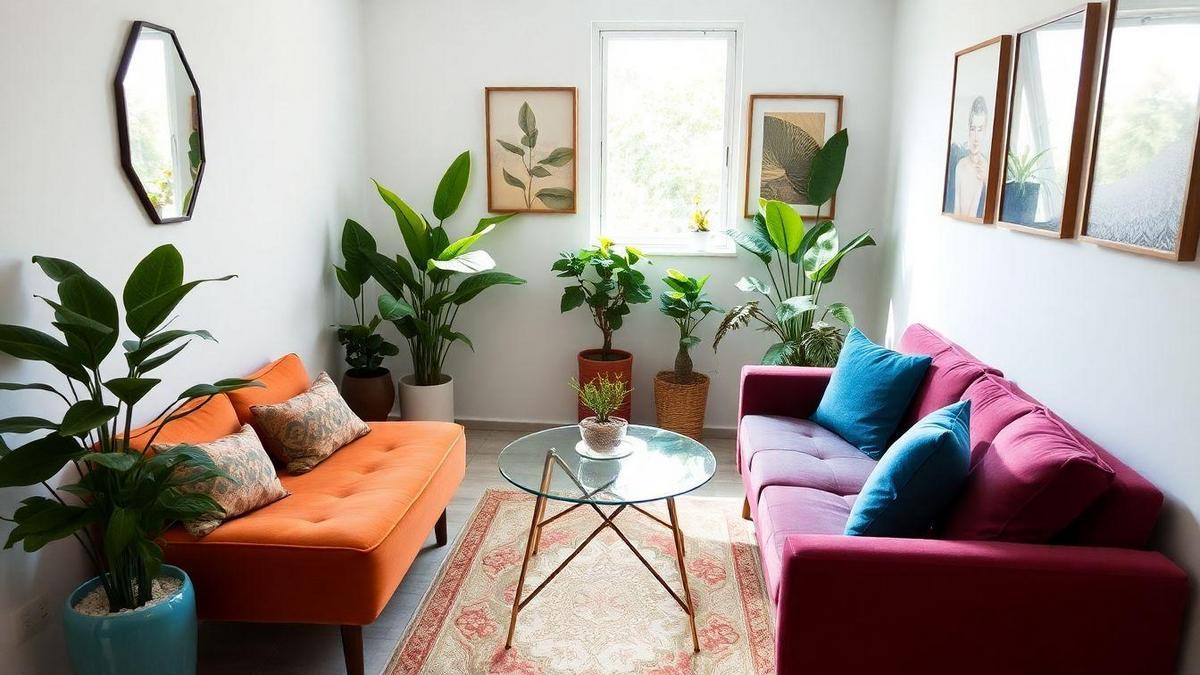 Plantas e objetos decorativos em sala pequena estilosa Plantas e objetos decorativos em sala pequena estilosa