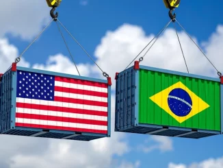 Contêineres de carga, um com a bandeira dos EUA e outro com a bandeira do Brasil, simbolizando a Lei de Reciprocidade do governo brasileiro em resposta a tarifa dos EUA