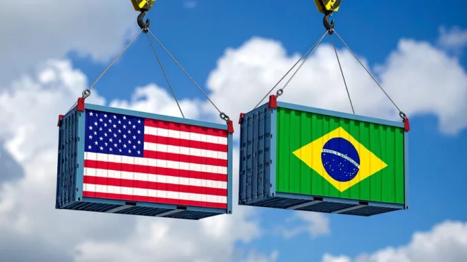 governo-acao-lei-reciprocidade-resposta-tarifa-us-jpg Contêineres de carga, um com a bandeira dos EUA e outro com a bandeira do Brasil, simbolizando a Lei de Reciprocidade do governo brasileiro em resposta a tarifa dos EUA