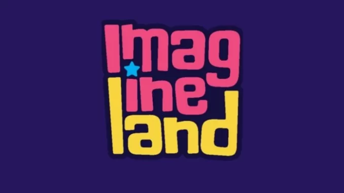 Logo colorido do programa infantil 'Imagine Land' com letras rosa, azul e amarelo sobre fundo roxo, promovendo diversão e criatividade para crianças.