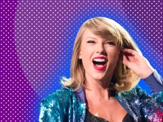 Imagem da cantora Taylor Swift com sorriso e cabelo loiro, em fundo com efeitos de pontos coloridos, relacionada ao tema de show em Copacabana.