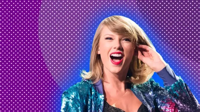 taylorswift-copacabana-show-possibilidade-baixa Imagem da cantora Taylor Swift com sorriso e cabelo loiro, em fundo com efeitos de pontos coloridos, relacionada ao tema de show em Copacabana.