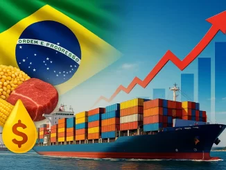 Imagem ilustrativa sobre a abertura de 437 mercados que reduz o impacto do tarifaço dos EUA no Brasil, exibindo uma bandeira do Brasil, um navio de cargas com containers, uma seta vermelha de crescimento e produtos como milho, carne e dólar.
