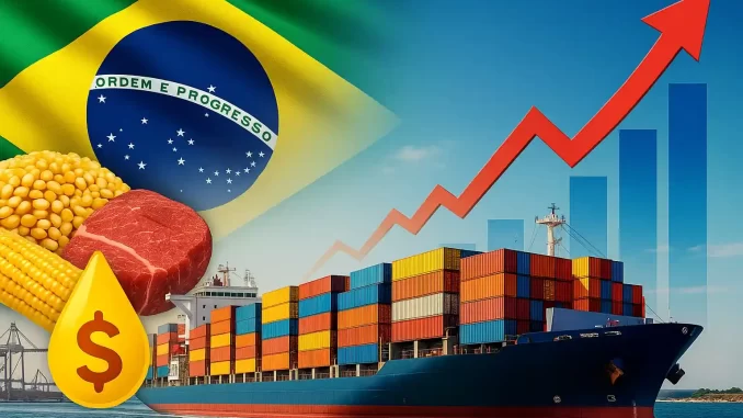abertura-de-437-mercados-reduz-impacto-do-tarifaco-dos-eua-no-brasil Imagem ilustrativa sobre a abertura de 437 mercados que reduz o impacto do tarifaço dos EUA no Brasil, exibindo uma bandeira do Brasil, um navio de cargas com containers, uma seta vermelha de crescimento e produtos como milho, carne e dólar.