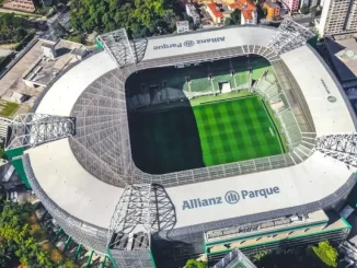 Aerial view of Allianz Parque, um estádio que está se transformando em um complexo de experiências além de futebol e shows, com infraestrutura moderna e áreas para lazer sustentável.