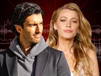 Blake Lively responde a Justin Baldoni com uma nova ação milionária, destacando-se no cenário de celebridades com um fundo de ondas de som e efeitos visuais.