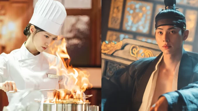 Cena de cozinha e de um personagem do reino Joseon, representando a fusão entre gastronomia e cultura histórica em uma narrativa visual de 'Bon Appétit' com temática de viagem ao reino Joseon.