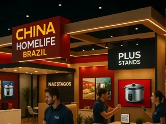 Stand de China HomeLife Brazil 2025 reforçando o comércio entre Brasil e China com expositores e produtos chineses na feira.