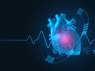 Imagem digitalizada de um coração humano com componentes tecnológicos, simbolizando inovação na medicina e tecnologia cardiovascular, relevante para o evento Computing in Cardiology 2025 em São Paulo.