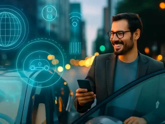 Homem sorridente usando smartphone ao lado de carro em ambiente urbano com ícones digitais de tecnologia, conectividade e mobilidade, representando o Congresso SAE BRASIL 2025 e temas de transformação digital na mobilidade.