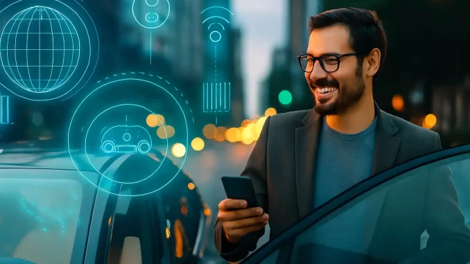 congresso-sae-brasil-2025-transformacao-digital-mobilidade-conectividade Homem sorridente usando smartphone ao lado de carro em ambiente urbano com ícones digitais de tecnologia, conectividade e mobilidade, representando o Congresso SAE BRASIL 2025 e temas de transformação digital na mobilidade.