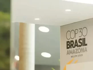 Cartaz da COP30 Brasil na Amazônia, comemorando o evento que será realizado em Belém em 2025.
