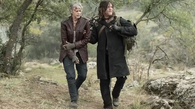 estreia-3a-temporada-daryl-dixon-falhas-no-elenco Cena da estreia da 3ª temporada de Daryl Dixon, com personagens caminhando em área de floresta, destacando a repetição de falhas no elenco