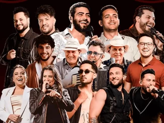 Foto de artistas e músicos reunidos no evento Exposete 2025 em Sete Lagoas, com destaque para shows e rodeio, promovendo entretenimento de qualidade.