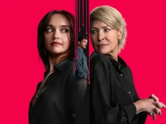 Cena do final de 'A Namorada Ideal' com elementos de morte chocante e gravidez sombria apresentados por duas mulheres e um homem na imagem.