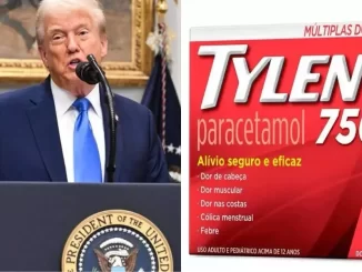 Imagem com uma foto do ex-presidente Donald Trump e um pacote de Tylenol 750mg, medicamento à base de paracetamol, em destaque ao lado. A imagem faz referência à desinformação sobre possíveis ligações entre paracetamol, vacinas e autismo.