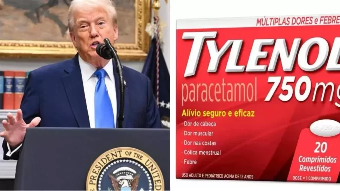 foto-do-ex-presidente-donald-trump-pacote-de-tylenol-750mg Imagem com uma foto do ex-presidente Donald Trump e um pacote de Tylenol 750mg, medicamento à base de paracetamol, em destaque ao lado. A imagem faz referência à desinformação sobre possíveis ligações entre paracetamol, vacinas e autismo.