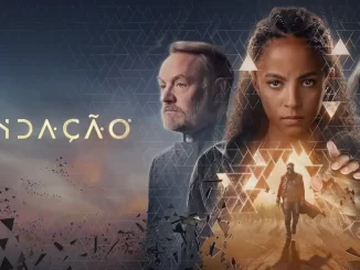 Imagem da série 'Fundação' da Apple TV+ com personagens principais, confirmando a quarta temporada prevista para 2027.