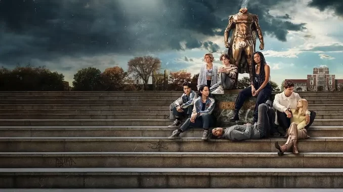 gen-v-retoma-destaque-prime-video-segunda-temporada Cena de elenco de Gen V no topo de escadaria, promovendo a retomada do destaque na Amazon Prime Video às vésperas da segunda temporada.