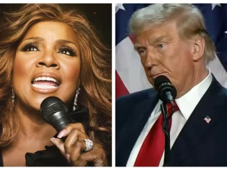 Gloria Gaynor doando R$119 mil a partidos ligados a Trump, com imagens dela e Donald Trump ao fundo.