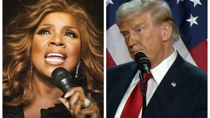Gloria Gaynor doando R$119 mil a partidos ligados a Trump, com imagens dela e Donald Trump ao fundo.