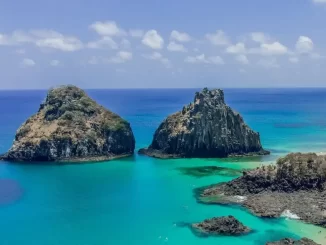 Paisagem de ilhas oceânicas brasileiras com mar azul claro, rochedos e vegetação, destacando espécies endêmicas em estudo.
