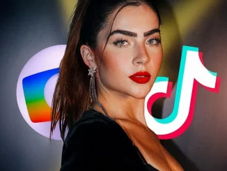 Jade Picon participando do teste da Globo com novela vertical em formato de microdrama, destaque para os logotipos da TV Globo e TikTok ao fundo.