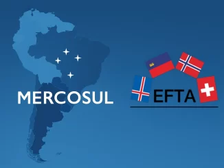 Mapa da América do Sul destacando Mercosul ao lado de bandeiras dos países da EFTA, simbolizando a assinatura de um pacto de livre comércio entre ambos em 16 de setembro.