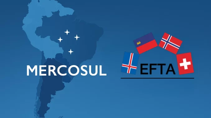 mercosul-assinara-pacto-livre-comercio-efta-16-09 Mapa da América do Sul destacando Mercosul ao lado de bandeiras dos países da EFTA, simbolizando a assinatura de um pacto de livre comércio entre ambos em 16 de setembro.