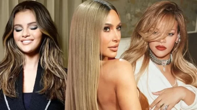 Celebridades com mudança de cor no cabelo que impulsionou a carreira delas, mostrando diferentes estilos e tons de cabelo em um ensaio de moda.