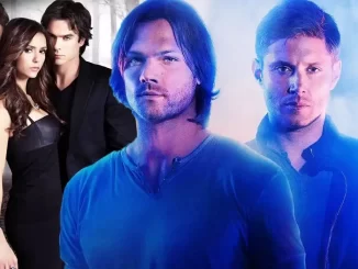 Imagem com personagens principais de Supernatural e Vampire Diaries, destacando a ausência de crossover entre as séries, explicando por que não houve união entre esses universos.