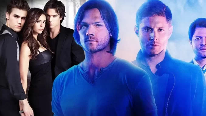 por-que-nao-houve-crossover-entre-supernatural-e-vampire-diaries Imagem com personagens principais de Supernatural e Vampire Diaries, destacando a ausência de crossover entre as séries, explicando por que não houve união entre esses universos.