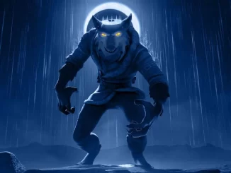 Imagem de um personagem estilizado como Rei Lobo, com olhos amarelos brilhantes, sob chuva na noite, representando o encerramento da saga na Netflix.