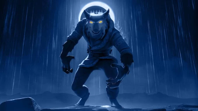 reilobo-serie-netflix-encerramento Imagem de um personagem estilizado como Rei Lobo, com olhos amarelos brilhantes, sob chuva na noite, representando o encerramento da saga na Netflix.