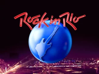 Logo do Rock in Rio 2026 com calendário e dia extra em setembro, destaque para a bandeira do Brasil e palco do evento na cidade.