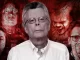 Stephen King revela seus 10 filmes favoritos de todos os tempos, cercado por personagens de filmes de terror em fundo assustador.