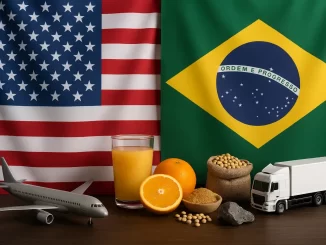Bandeiras do Brasil e dos Estados Unidos ao fundo, com itens de exportação brasileira como suco de laranja, soja, e um caminhão de carga na frente, simbolizando redução de tarifas que impacta as exportações brasileiras aos EUA em agosto.