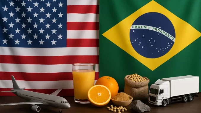 tarifaco-reduzido-exportacoes-brasileiras-aos-eua-agosto Bandeiras do Brasil e dos Estados Unidos ao fundo, com itens de exportação brasileira como suco de laranja, soja, e um caminhão de carga na frente, simbolizando redução de tarifas que impacta as exportações brasileiras aos EUA em agosto.