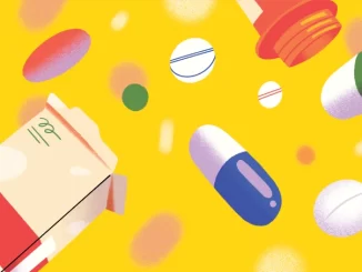 Ilustração com várias drogas e caixas de remédios, destacando o risco de erros na prescrição e uso de medicamentos que colocam pacientes em perigo.