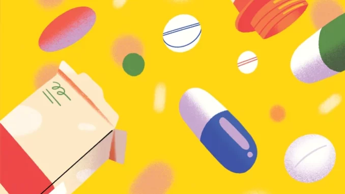 erros-na-prescricao-e-uso-de-remedios-colocam-pacientes-em-risco Ilustração com várias drogas e caixas de remédios, destacando o risco de erros na prescrição e uso de medicamentos que colocam pacientes em perigo.