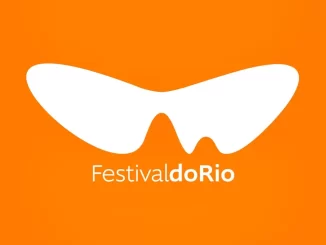 Logotipo do Festival do Rio com tema de óculos de sol em fundo laranja, anunciando o início do evento com 300 filmes em 20 salas de cinema.