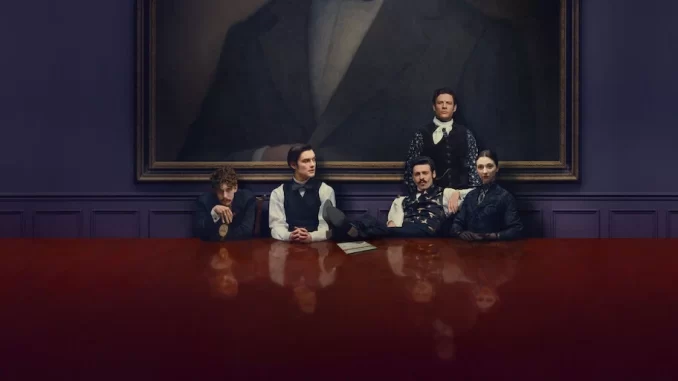 house-of-guinness-serie-netflix Cena da série House of Guinness na Netflix, mostrando cinco personagens históricos sentados à mesa, com um quadro antigo ao fundo, misturando fatos históricos e ficção.