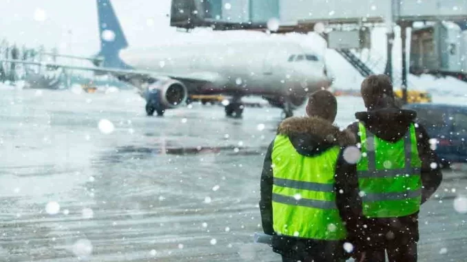Dois funcionários de aeroporto de casaco e coletes refletivos observando avião atrasado em pista de aeroporto durante nevasca, contexto de ações de indenização por atraso de voo.