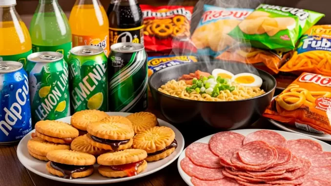 Imagem de alimentos ultraprocessados, incluindo refrigerantes, biscoitos, salgadinhos, embutidos e macarrão instantâneo, que podem reduzir a taxa metabólica do corpo.