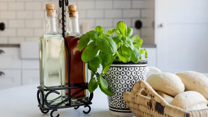 Imagem mostrando garrafas de vinagre, hortelã e pão em uma cozinha, destacando a importância de armazenar vinagre de modo correto para evitar riscos à saúde.