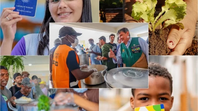 Cidadãos brasileiros celebrando avanços sociais, com destaque para redução da pobreza e desigualdade, refletido em ações solidárias, distribuição de alimentos e inclusão social