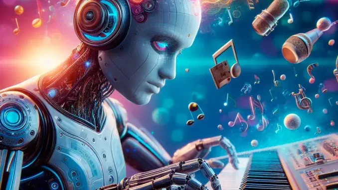 campanha-cobra-regras-eticas-ia-musica-brasil Ilustração de uma robô com aparência futurista tocando piano, simbolizando a campanha sobre regulamentação ética da inteligência artificial na música no Brasil.