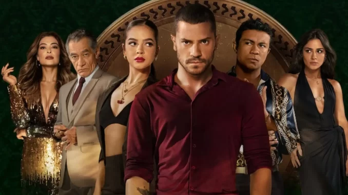 Imagem com cinco personagens principais da série Os Donos do Jogo, destacando elementos que representam os cinco elementos reais por trás da história, com fundo verde escuro e detalhes de cenas de suspense.