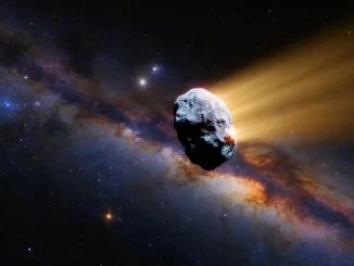 Imagem do Cometa 3I/ATLAS, terceiro visitante interestelar do sistema solar, passando próximo a estrelas e galáxias na vastidão do espaço.